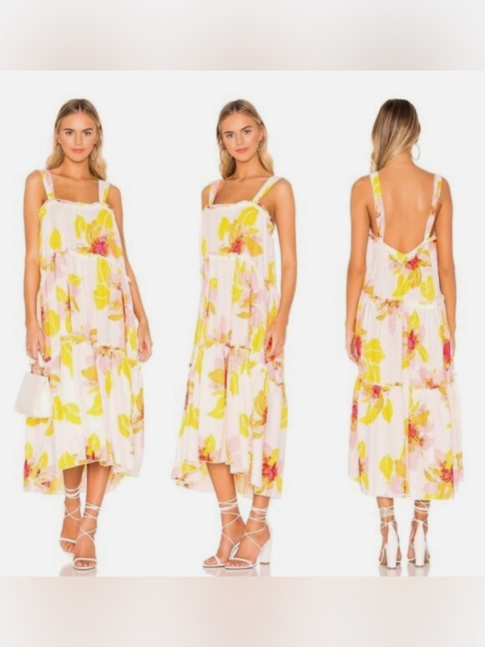🤍💐EUC Free People “Moonshine Midi Dress” White🤍Pink💗Yellow💛Floral💐Sz Medium - Picture 1 of 15